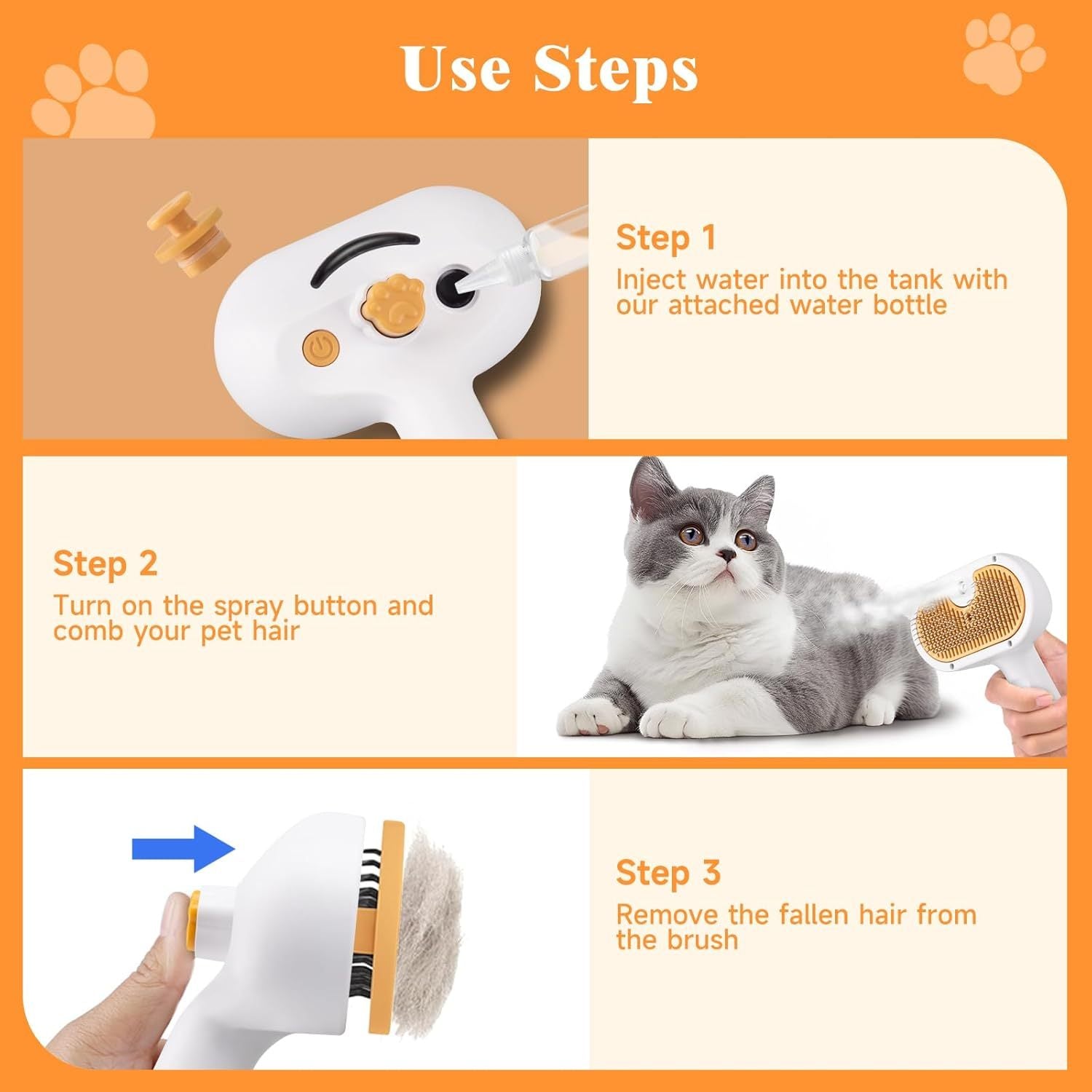 3-in-1 Pet Steam Brush | Hair Removal & Grooming Comb